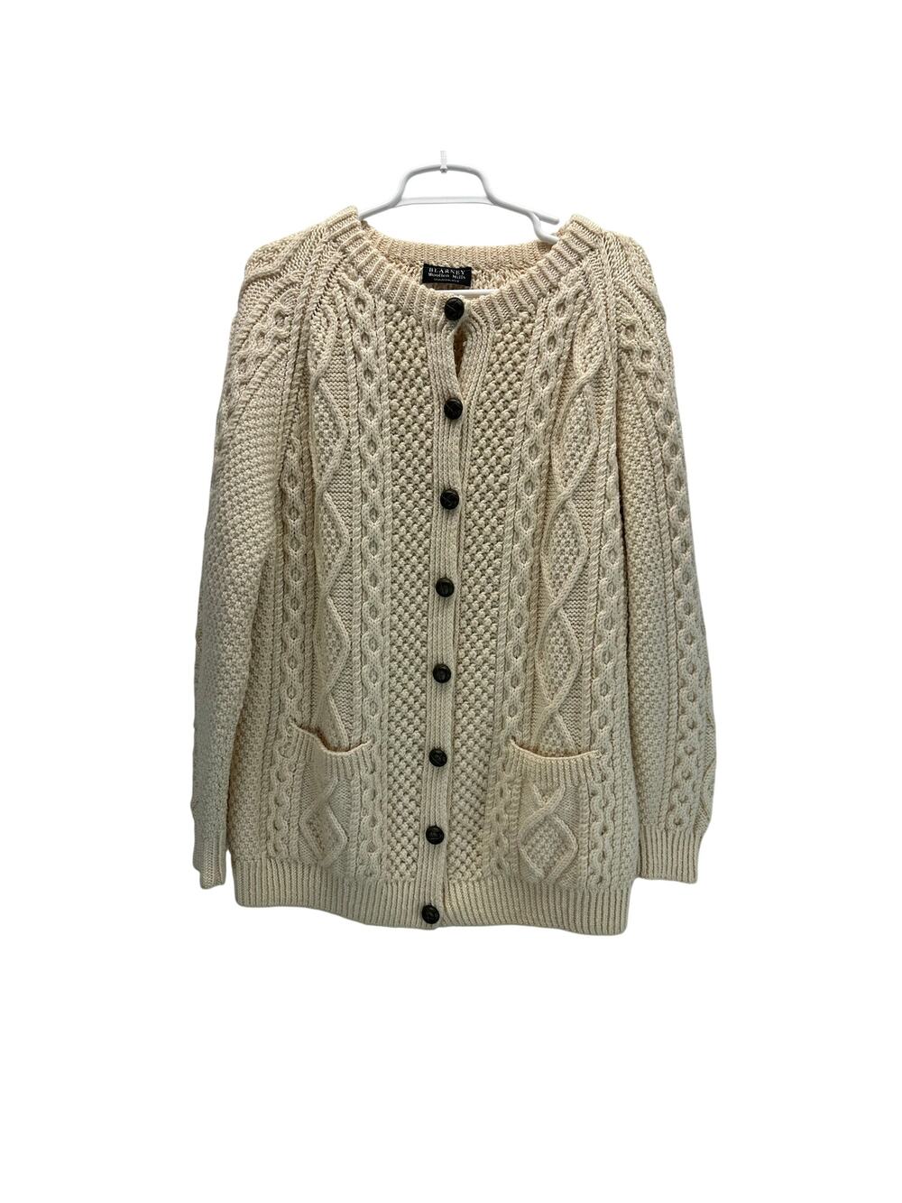 Blarney Woolen Mills Handknit Aran Lumber Cardigan Sweater Wool Large Cream